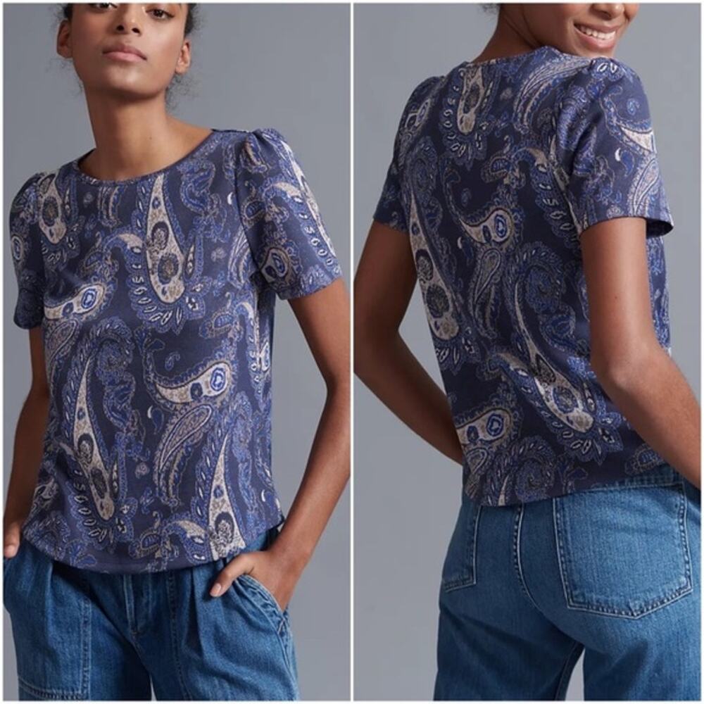 Anthropologie Blue Metallic Demeter Paisley Short Sleeve Tee Top Size XL